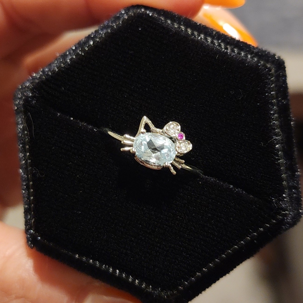 Silver Cat Ring With Blue Gemstone - image 1